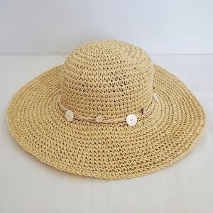 STRAND HEADWEAR WOMEN SUN HAT FLOPPY RAFFIA STRAW PUCA SHELLS BUTTONS COACHELLA